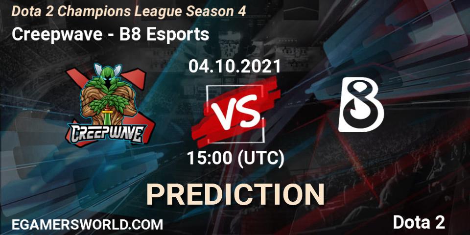 Creepwave contre B8 Esports : prédiction de match. 04.10.2021 at 15:06. Dota 2, Dota 2 Champions League Season 4