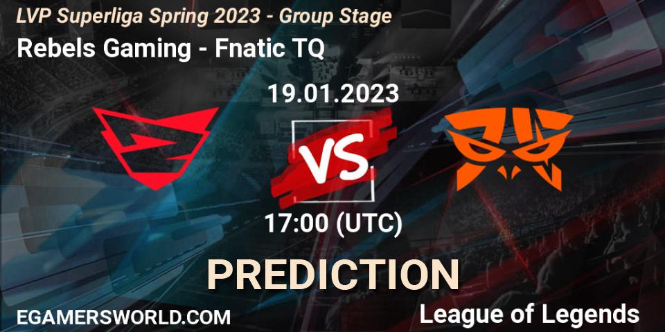 Rebels Gaming contre Fnatic TQ : prédiction de match. 19.01.2023 at 17:00. LoL, LVP Superliga Spring 2023 - Group Stage