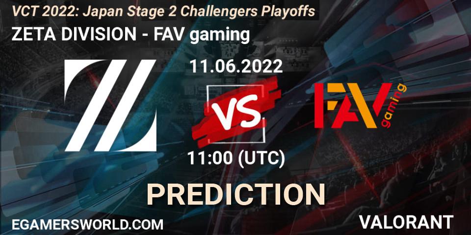 ZETA DIVISION contre FAV gaming : prédiction de match. 11.06.2022 at 12:10. VALORANT, VCT 2022: Japan Stage 2 Challengers Playoffs