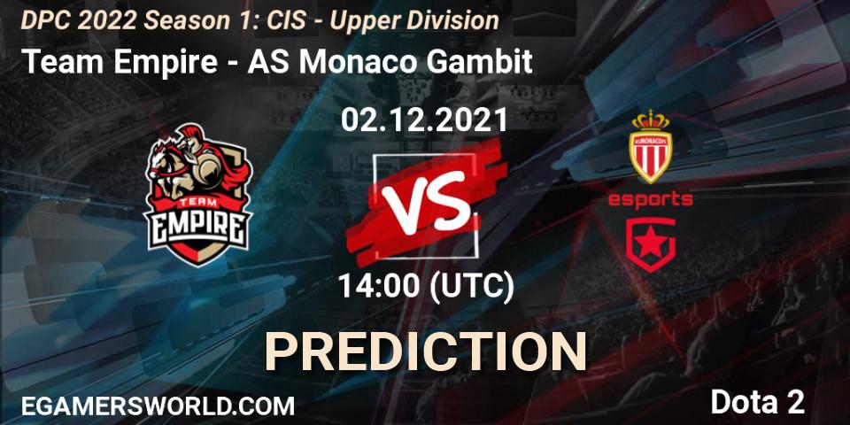 Team Empire contre AS Monaco Gambit : prédiction de match. 02.12.2021 at 14:25. Dota 2, DPC 2022 Season 1: CIS - Upper Division