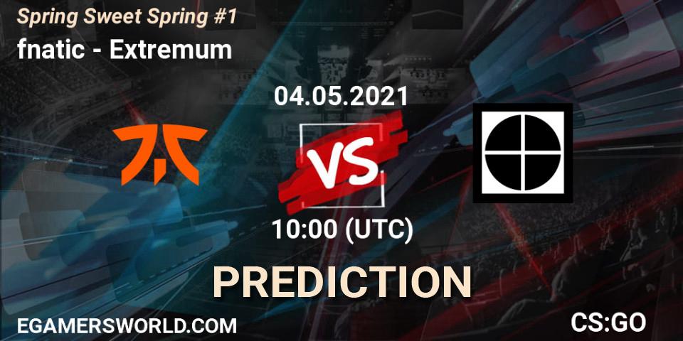 fnatic contre Extremum : prédiction de match. 04.05.2021 at 10:00. Counter-Strike (CS2), Spring Sweet Spring #1