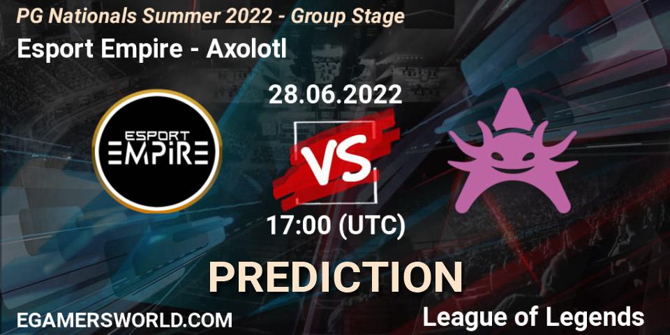 Esport Empire contre Axolotl : prédiction de match. 28.06.2022 at 18:00. LoL, PG Nationals Summer 2022 - Group Stage