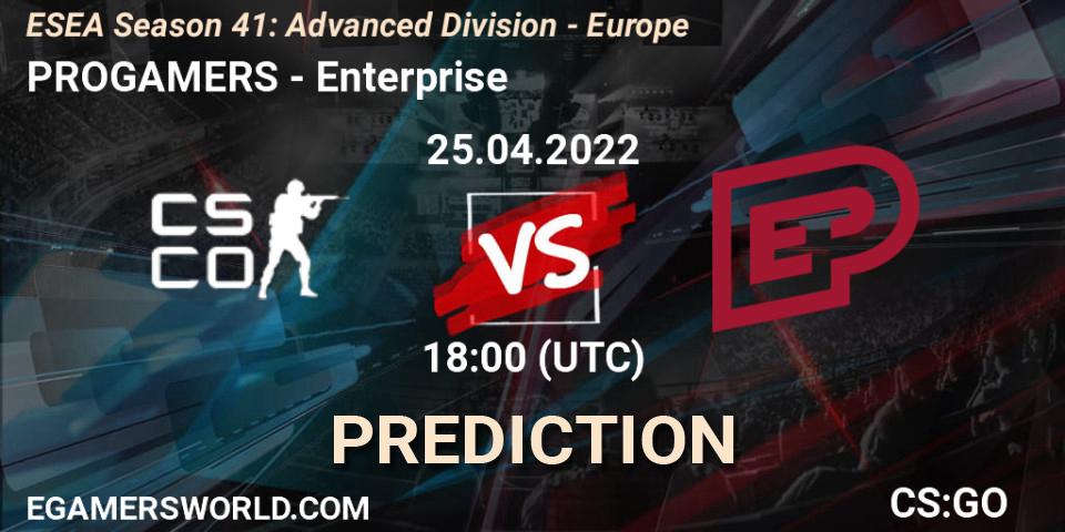ProGamers contre Enterprise : prédiction de match. 25.04.2022 at 18:00. Counter-Strike (CS2), ESEA Season 41: Advanced Division - Europe