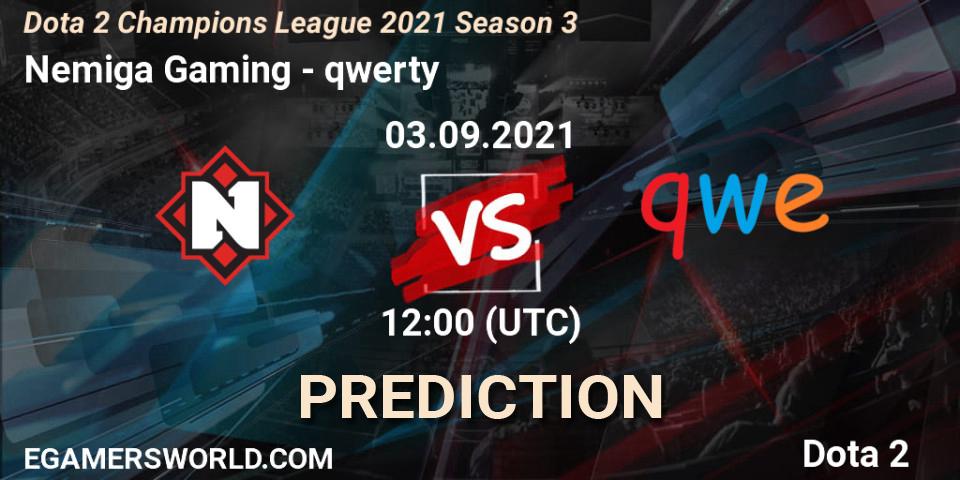 Nemiga Gaming contre qwerty : prédiction de match. 02.09.2021 at 15:01. Dota 2, Dota 2 Champions League 2021 Season 3