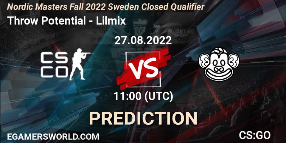Throw Potential contre Lilmix : prédiction de match. 27.08.2022 at 11:00. Counter-Strike (CS2), Nordic Masters Fall 2022 Sweden Closed Qualifier