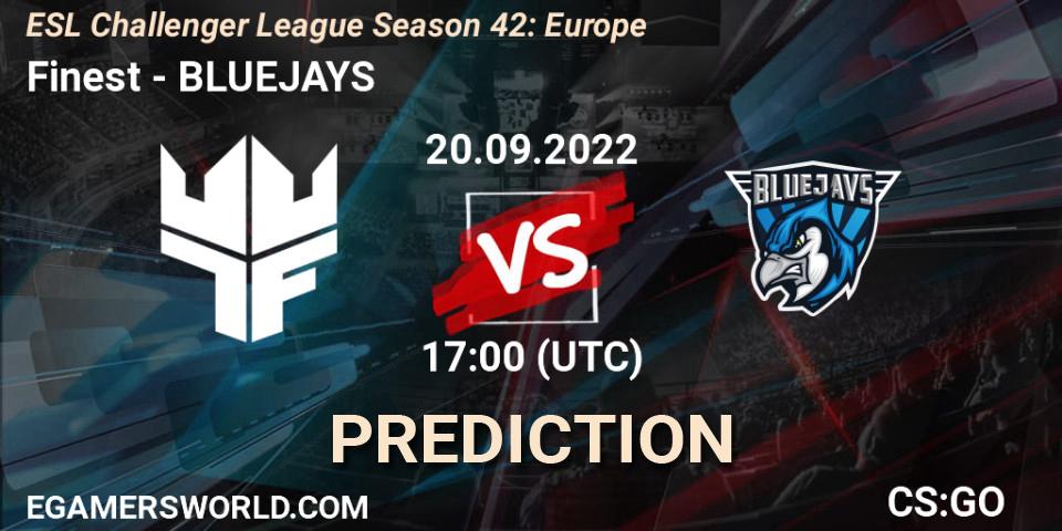 Finest contre BLUEJAYS : prédiction de match. 20.09.2022 at 17:00. Counter-Strike (CS2), ESL Challenger League Season 42: Europe