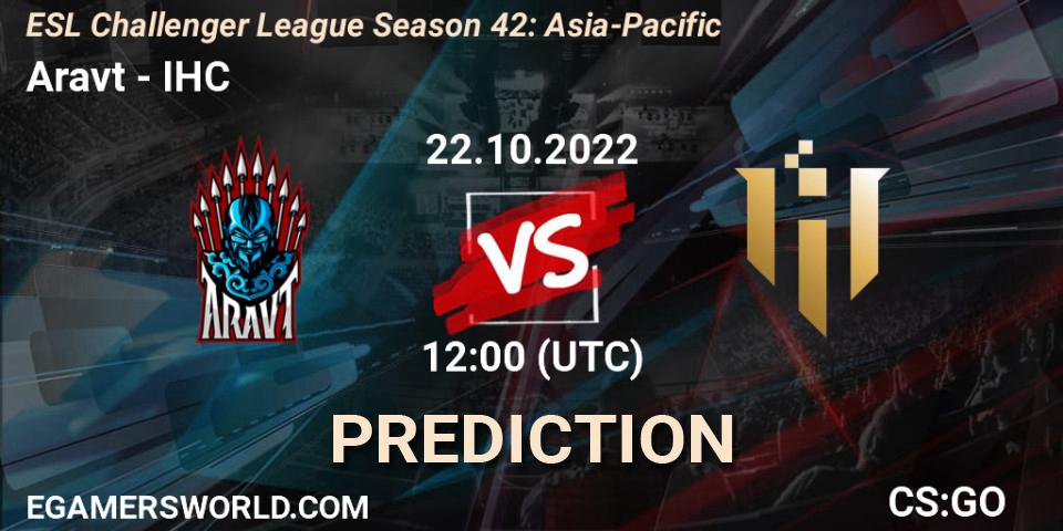 Aravt contre IHC : prédiction de match. 22.10.2022 at 12:00. Counter-Strike (CS2), ESL Challenger League Season 42: Asia-Pacific