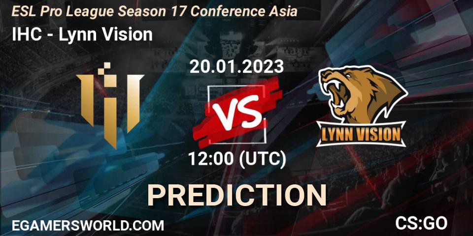 IHC contre Lynn Vision : prédiction de match. 20.01.23. CS2 (CS:GO), ESL Pro League Season 17 Conference Asia