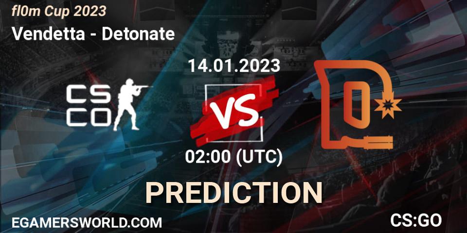 Vendetta contre Detonate : prédiction de match. 14.01.2023 at 02:00. Counter-Strike (CS2), fl0m Cup 2023