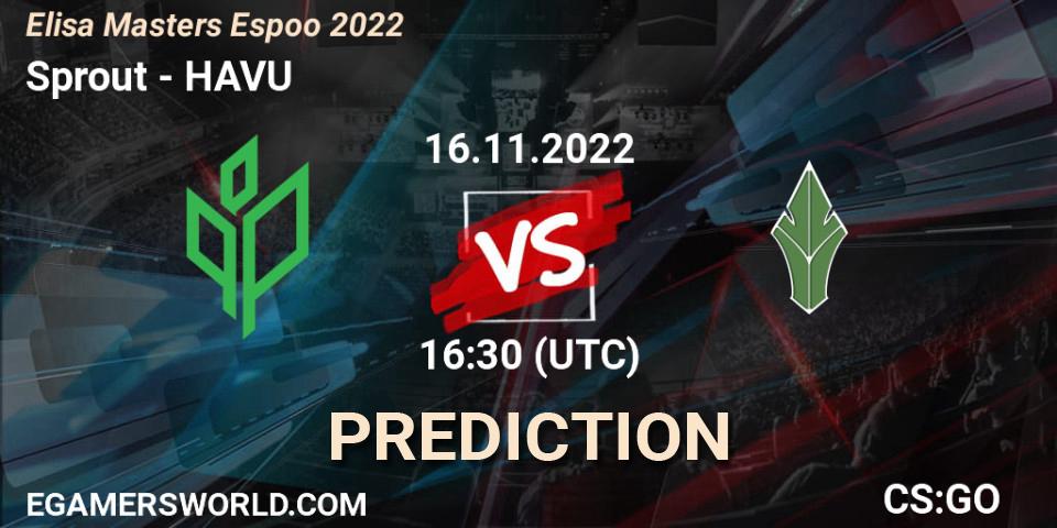 Sprout contre HAVU : prédiction de match. 16.11.2022 at 17:50. Counter-Strike (CS2), Elisa Masters Espoo 2022