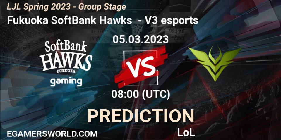Fukuoka SoftBank Hawks contre V3 esports : prédiction de match. 05.03.2023 at 08:00. LoL, LJL Spring 2023 - Group Stage