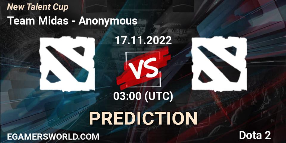 Team Midas contre Anonymous : prédiction de match. 17.11.2022 at 03:00. Dota 2, New Talent Cup