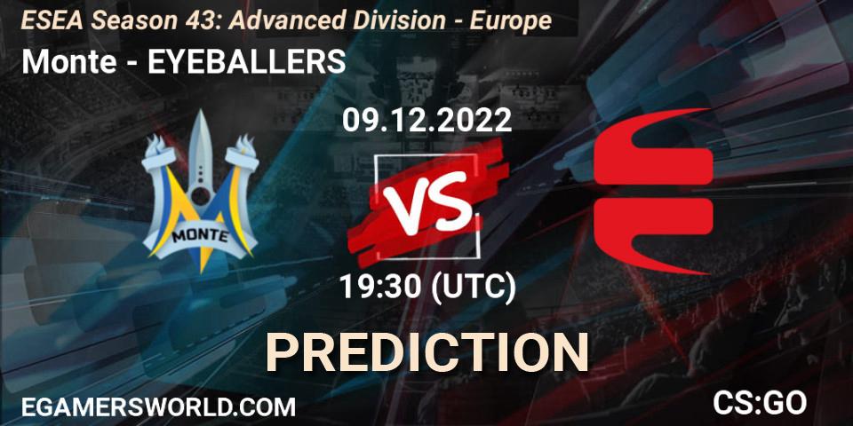 Monte contre EYEBALLERS : prédiction de match. 08.12.2022 at 15:00. Counter-Strike (CS2), ESEA Season 43: Advanced Division - Europe