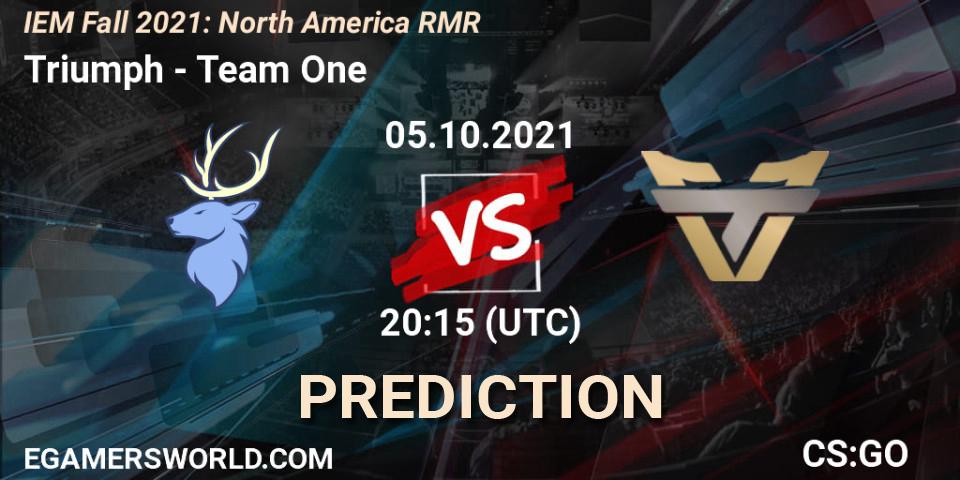 Triumph contre Team One : prédiction de match. 05.10.2021 at 20:45. Counter-Strike (CS2), IEM Fall 2021: North America RMR