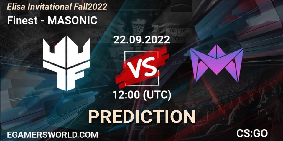 Finest contre MASONIC : prédiction de match. 22.09.2022 at 12:00. Counter-Strike (CS2), Elisa Invitational Fall 2022
