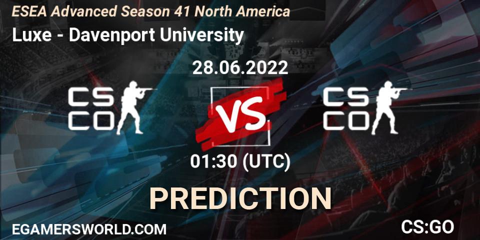 Luxe contre Davenport University : prédiction de match. 28.06.2022 at 02:00. Counter-Strike (CS2), ESEA Advanced Season 41 North America