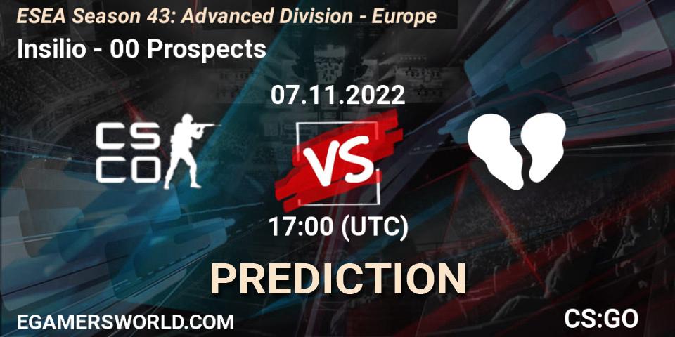Insilio contre 00 Prospects : prédiction de match. 07.11.2022 at 17:00. Counter-Strike (CS2), ESEA Season 43: Advanced Division - Europe