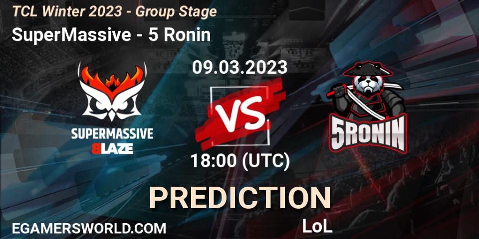 SuperMassive contre 5 Ronin : prédiction de match. 16.03.2023 at 18:00. LoL, TCL Winter 2023 - Group Stage