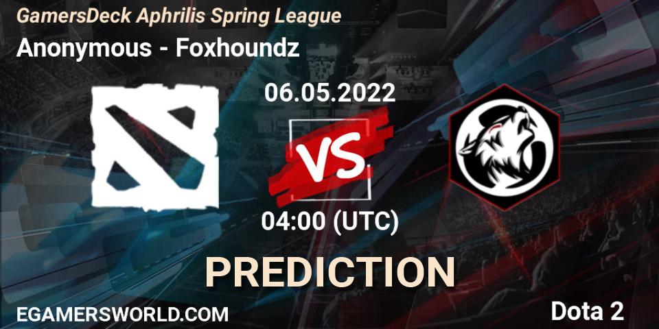 Anonymous contre Foxhoundz : prédiction de match. 06.05.2022 at 03:48. Dota 2, GamersDeck Aphrilis Spring League