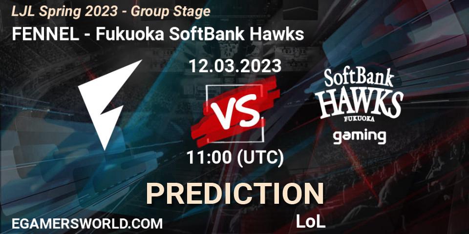 FENNEL contre Fukuoka SoftBank Hawks : prédiction de match. 12.03.2023 at 11:30. LoL, LJL Spring 2023 - Group Stage