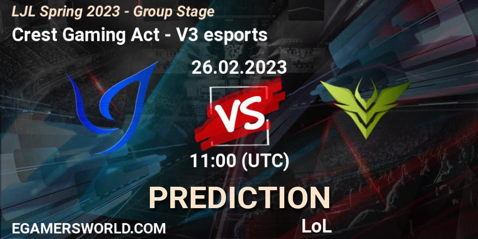 Crest Gaming Act contre V3 esports : prédiction de match. 26.02.2023 at 11:00. LoL, LJL Spring 2023 - Group Stage
