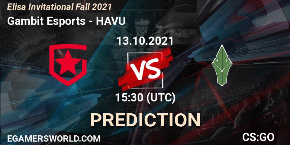Gambit Esports contre HAVU : prédiction de match. 13.10.2021 at 15:30. Counter-Strike (CS2), Elisa Invitational Fall 2021