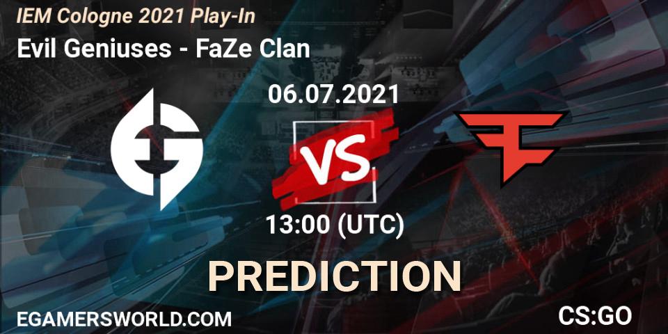 Evil Geniuses contre FaZe Clan : prédiction de match. 06.07.2021 at 13:35. Counter-Strike (CS2), IEM Cologne 2021 Play-In