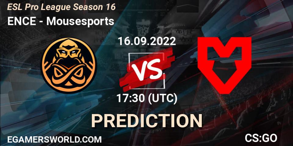 ENCE contre MOUZ : prédiction de match. 16.09.2022 at 17:30. Counter-Strike (CS2), ESL Pro League Season 16