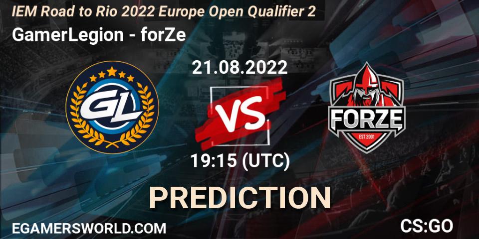GamerLegion contre forZe : prédiction de match. 21.08.2022 at 19:15. Counter-Strike (CS2), IEM Road to Rio 2022 Europe Open Qualifier 2