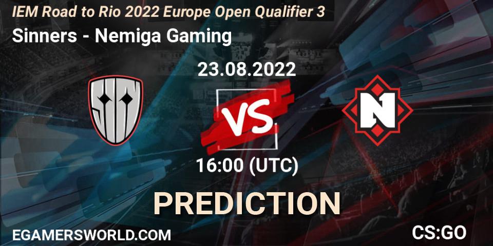 Sinners contre Nemiga Gaming : prédiction de match. 23.08.2022 at 16:00. Counter-Strike (CS2), IEM Road to Rio 2022 Europe Open Qualifier 3