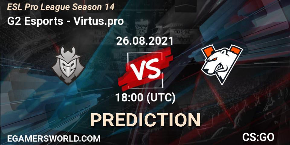 G2 Esports contre Virtus.pro : prédiction de match. 26.08.2021 at 18:00. Counter-Strike (CS2), ESL Pro League Season 14