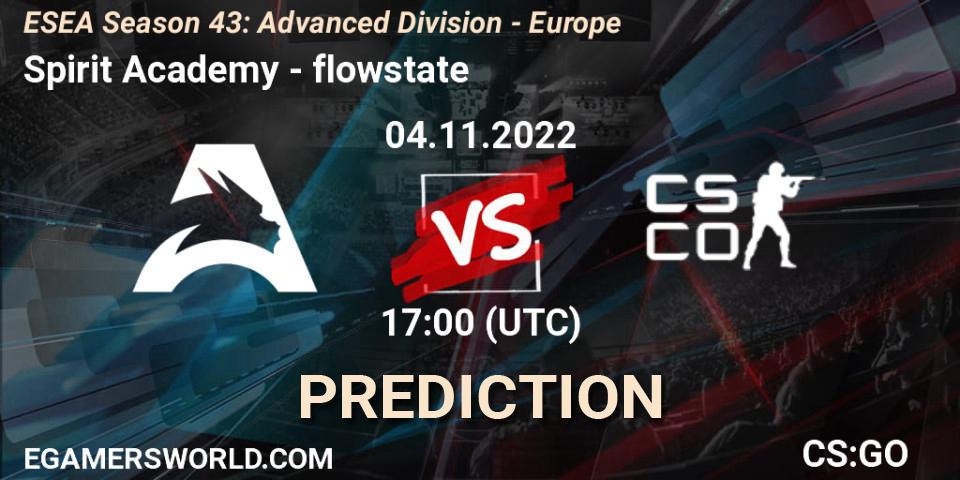 Spirit Academy contre flowstate : prédiction de match. 04.11.2022 at 17:00. Counter-Strike (CS2), ESEA Season 43: Advanced Division - Europe