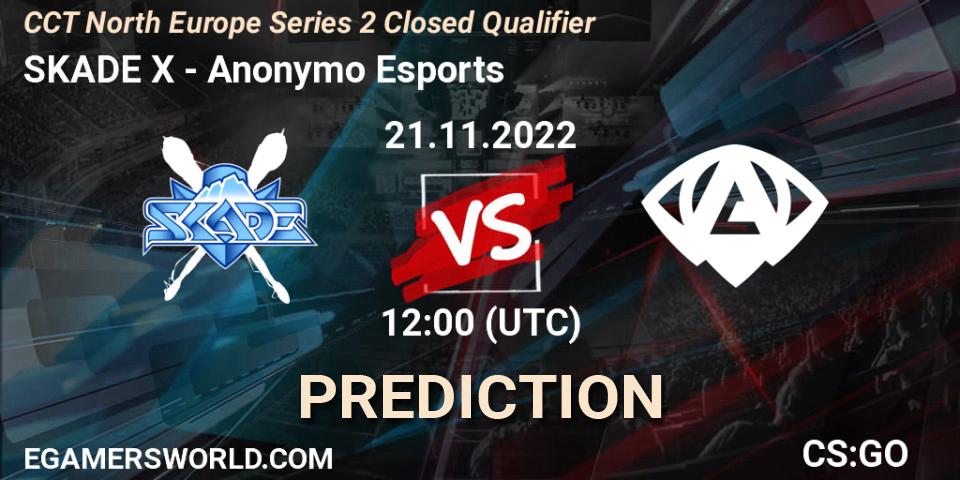 SKADE X contre Anonymo Esports : prédiction de match. 21.11.2022 at 12:00. Counter-Strike (CS2), CCT North Europe Series 2 Closed Qualifier