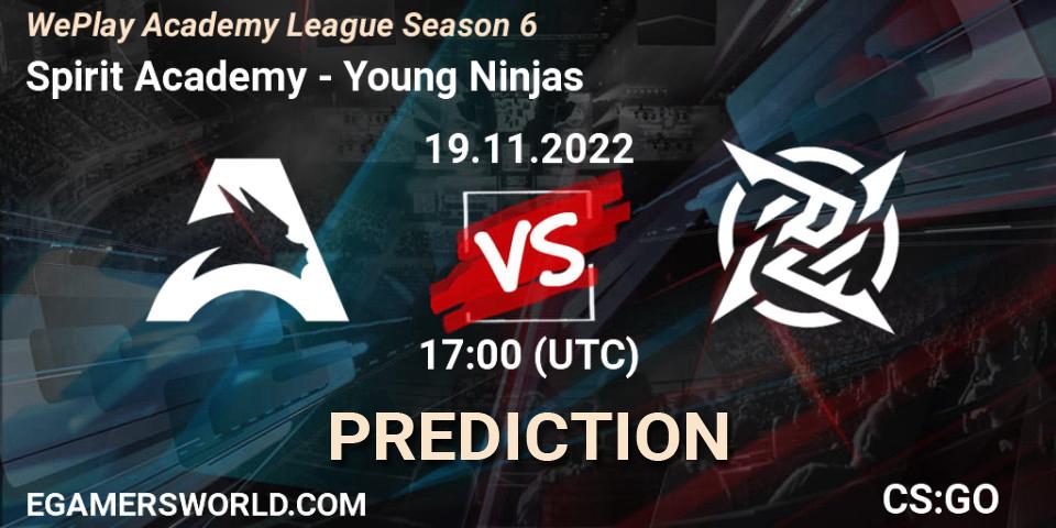 Spirit Academy contre Young Ninjas : prédiction de match. 19.11.2022 at 18:00. Counter-Strike (CS2), WePlay Academy League Season 6