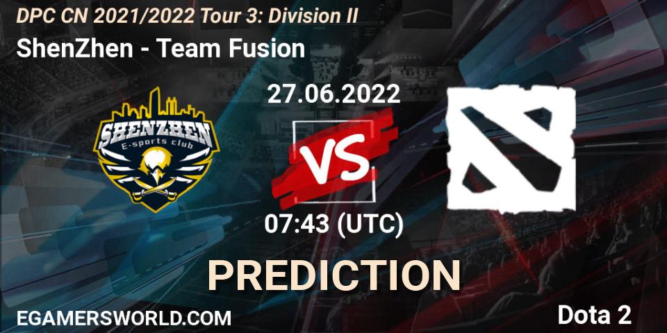 ShenZhen contre Team Fusion : prédiction de match. 27.06.2022 at 07:43. Dota 2, DPC CN 2021/2022 Tour 3: Division II