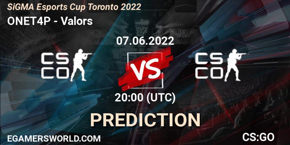 ONET4P contre Valors : prédiction de match. 07.06.2022 at 19:30. Counter-Strike (CS2), SiGMA Esports Cup Toronto 2022