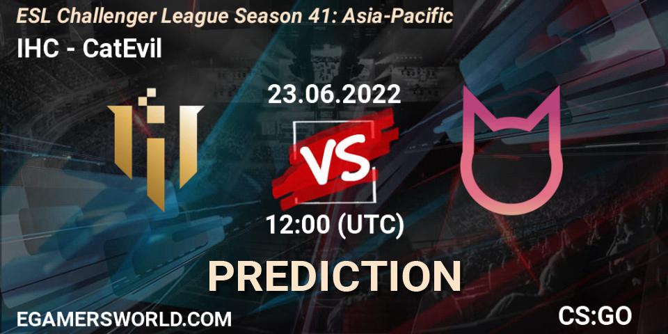 IHC contre CatEvil : prédiction de match. 23.06.2022 at 12:00. Counter-Strike (CS2), ESL Challenger League Season 41: Asia-Pacific