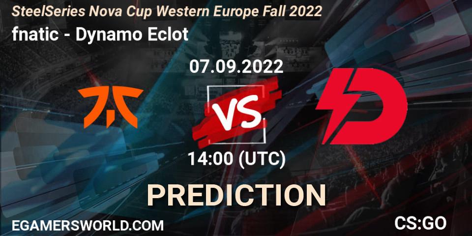 fnatic contre Dynamo Eclot : prédiction de match. 07.09.2022 at 14:00. Counter-Strike (CS2), SteelSeries Nova Cup Western Europe Fall 2022