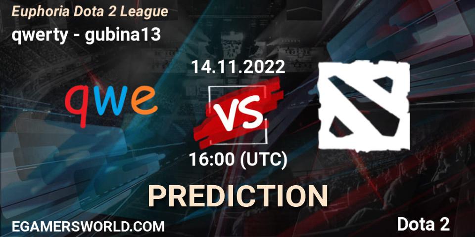 qwerty contre gubina13 : prédiction de match. 14.11.2022 at 16:10. Dota 2, Euphoria Dota 2 League
