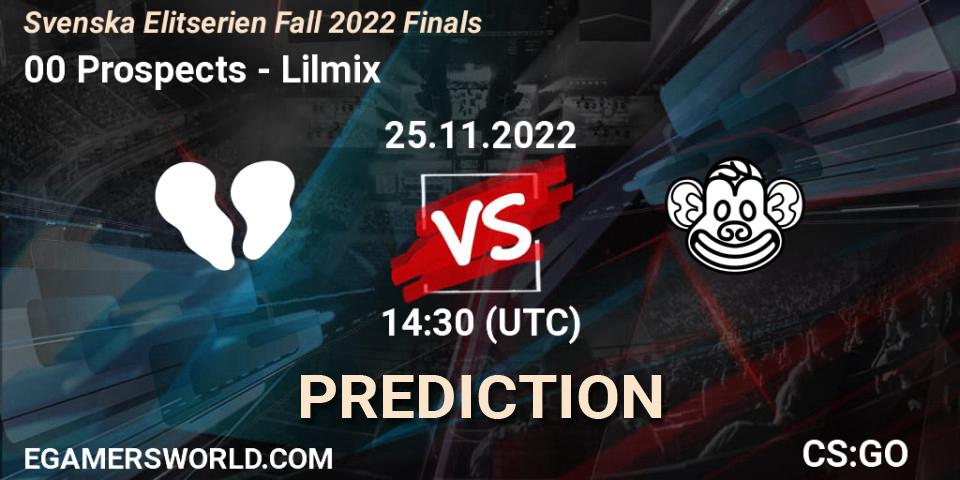 00 Prospects contre Lilmix : prédiction de match. 25.11.2022 at 18:00. Counter-Strike (CS2), Svenska Elitserien Fall 2022