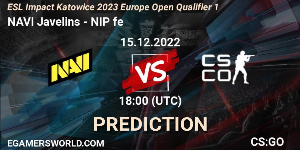 NAVI Javelins contre NIP Female : prédiction de match. 15.12.2022 at 18:00. Counter-Strike (CS2), ESL Impact Katowice 2023 Europe Open Qualifier 1