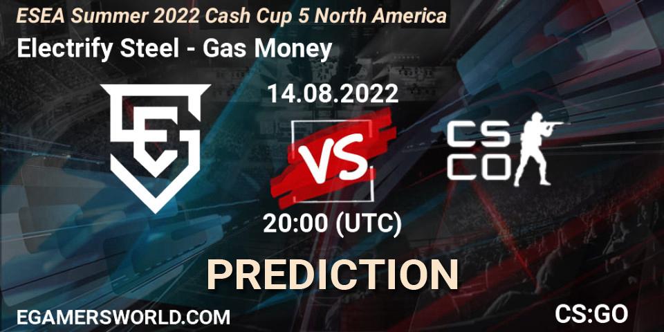 Electrify Steel contre Gas Money : prédiction de match. 14.08.2022 at 20:10. Counter-Strike (CS2), ESEA Cash Cup: North America - Summer 2022 #5