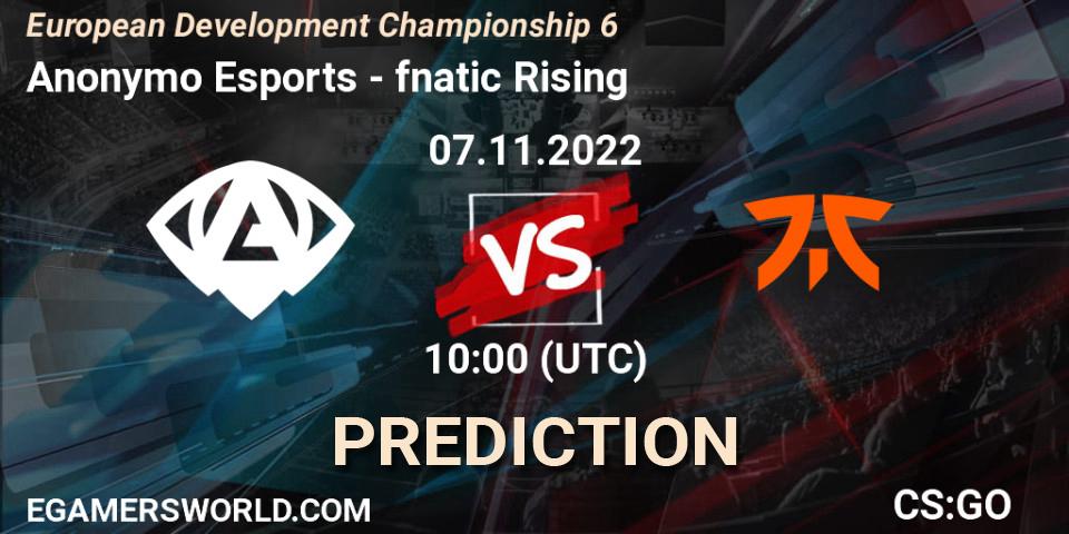 Anonymo Esports contre fnatic Rising : prédiction de match. 07.11.2022 at 10:00. Counter-Strike (CS2), European Development Championship Season 6