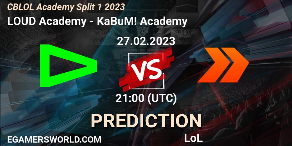 LOUD Academy contre KaBuM! Academy : prédiction de match. 27.02.2023 at 21:00. LoL, CBLOL Academy Split 1 2023