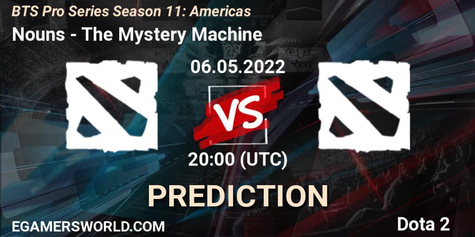Nouns contre The Mystery Machine : prédiction de match. 06.05.2022 at 20:01. Dota 2, BTS Pro Series Season 11: Americas