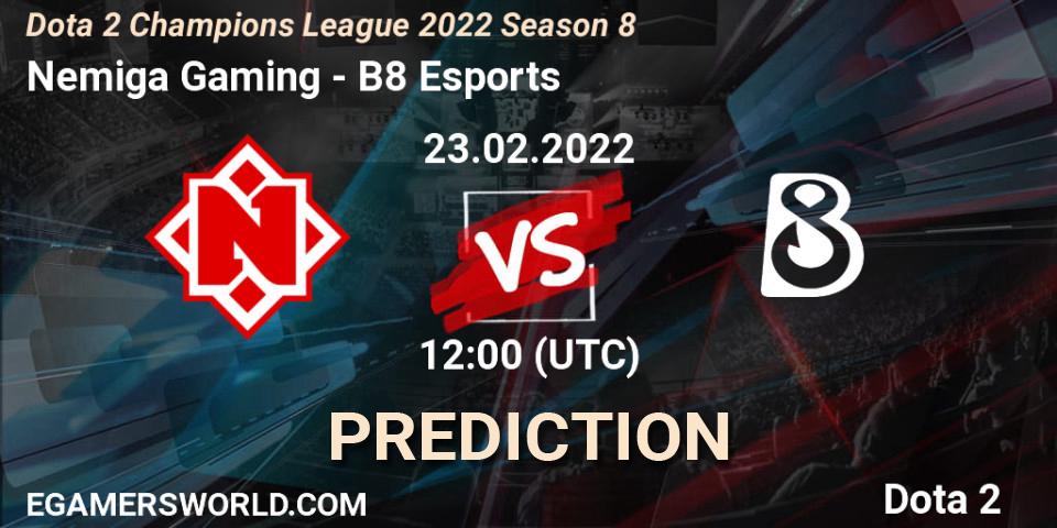 Nemiga Gaming contre B8 Esports : prédiction de match. 23.02.2022 at 12:00. Dota 2, Dota 2 Champions League 2022 Season 8