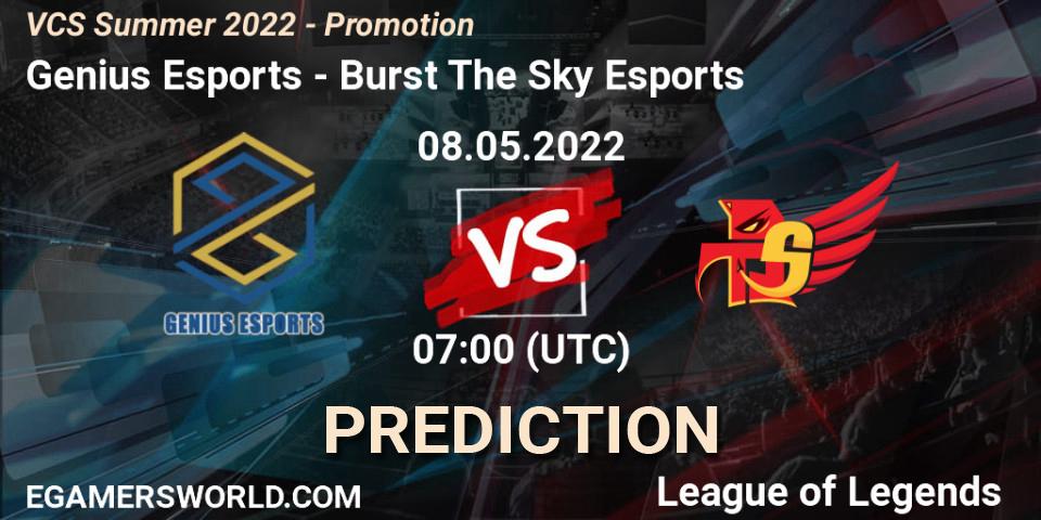 Genius Esports contre Burst The Sky Esports : prédiction de match. 08.05.2022 at 07:00. LoL, VCS Summer 2022 - Promotion