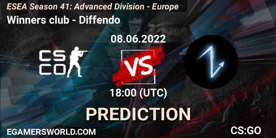 Winners club contre Diffendo : prédiction de match. 10.06.2022 at 17:00. Counter-Strike (CS2), ESEA Season 41: Advanced Division - Europe