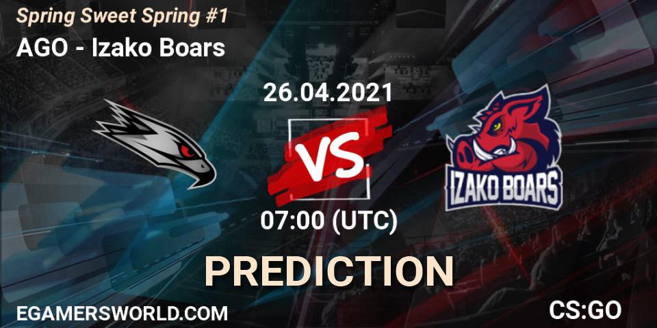 AGO contre Izako Boars : prédiction de match. 26.04.2021 at 13:40. Counter-Strike (CS2), Spring Sweet Spring #1