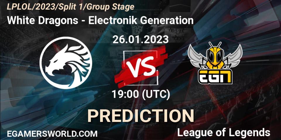 White Dragons contre Electronik Generation : prédiction de match. 26.01.2023 at 19:00. LoL, LPLOL Split 1 2023 - Group Stage
